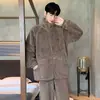 Pijama masculino de fleece coral, espessado e quente, gola alta para outono e inverno, roupa de casa quente para casais, pode ser usada fora, conjunto de cardigã
