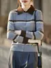 Cardigan de Tricô Gola Polo de Lã Fina e Caxemira Novo para Primavera e Outono, Manga Longa, Blusa Jaqueta Color Block Listrada
