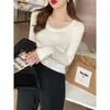 Camisa básica de tricô branca com gola redonda para mulheres, outono e inverno, novo estilo de alta qualidade, manga longa, top justo, suéter de gola baixa