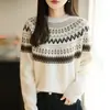 Cross Cross 2025 Outono/Inverno Novo Retrô Pelo de Guaxinim Gola Redonda Tricô Manga Longa Feminino Jacquard Fair Isle Largo