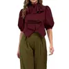 2026 Europeu e Americano transfronteiriço comércio exterior cor sólida design manga de lanterna com laço blusa casual gola alta camisa curta para mulheres