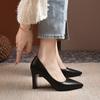 2025 Novo Estilo Outono Bico Fino Boca Rasa Salto Grosso Versátil Elegante Roupa Externa Slip-On com Saia Trabalho Sapatos de Salto Alto