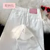 Calça Jeans de Cintura Alta Reta Versátil com Caimento Largo e Tag de Couro de Personalidade Estilo Americano para Mulheres, Primavera e Outono