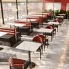 Sofá tipo booth de acero inoxidable para pared de restaurante estilo lujo ligero, mesa de comedor de pizarra hecha a medida para restaurante de hot pot, mesas y sillas de restaurante únicas