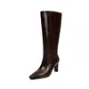 Botas de jinete de piel de vaca de dos capas para mujer, botas altas largas, nuevo estilo otoño e invierno, punta cuadrada, tacón alto fino, botas hasta la rodilla