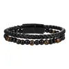 Conjunto de Pulseiras Masculinas Punk Hip-hop com Contas Transfronteiriças Pulseira Empilhada de Ônix Preto Olho de Tigre Couro com Fecho Magnético