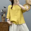 Camisa Lisa de Cor Sólida com Manga 3/4 para Mulheres, Design Retrô Simples, Novo Estilo de Verão, Leve, Solta, Rejuvenescedora, Cardigan Versátil