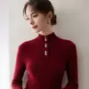 Nuevo Estilo Otoño/Invierno 2026 Suéter de Punto con Botones y Cuello Medio Alto Cachemir para Mujer Top Adelgazante Lana Acanalada Capa Base