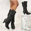 2023 Botas de Cano Alto Europeias e Americanas Transfronteiriças com Salto Grosso Salto Médio Manga Zíper Lateral Botas Femininas Botas de Couro X601
