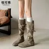 Botas Vaqueras de Cuero Genuino de Caña Alta con Tacón Oculto Arrugadas Apiladas para Mujer 2026 Nuevas Botas Largas de Otoño Invierno Botas de Jinete Botas Adelgazantes