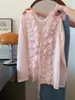 Blusa Feminina Rosa Estilosa Jovem de Alta Qualidade Estilo Francês com Decote V e Mangas Longas com Babados A10603