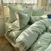 Juego de cuatro piezas de jacquard teñido en hilo 100% algodón Clase A, lavado, funda de edredón con borde de encaje de algodón puro, sábana plana, sábana ajustable, ropa de cama relajante