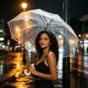 Paraguas Transparente Transparente de Palo, Paraguas de Lluvia Manual a Prueba de Viento con Mango Largo para Hombres y Mujeres
