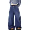 Jeans de diseño vintage de bolsillo grande y dobladillo curvo para hombre y mujer, pantalones holgados retro amplios de pierna ancha bordados hasta el suelo, modernos