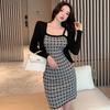 Chaqueta Corta Estilo Transfronterizo Protección Solar Otoño + Conjunto de Dos Piezas de Punto con Vestido de Tirantes Cuadros Retro Sexy para Cadera