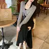 Vestido Plissado de Gola Alta Estilo Street Pure Lust para Mulheres com Cardigan de Manga Sino + Saia Longa com Fenda Conjunto de Duas Peças