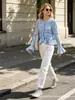 Comercio Electrónico Transfronterizo Mayorista Ins Estilo Europeo y Americano Nueva Moda Femenina Temperamento Elegante Manga de Campana Irregular Volante Camisa