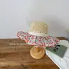 Sombrero de paja de color contrastante con lazo de encaje floral para niños, sombrero de sol de verano para vacaciones de niñas, sombrero transpirable con protección solar