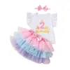Roupa de Primeiro Aniversário para Menina: Camiseta com Manga Flare, Saia de Tela Arco-Íris, Acessório de Cabelo - Vestido de 3 Peças para Foto de Festa