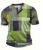 Camiseta retro de botão com meia-malha transpassada transfronteiriça, top pullover Henley casual de manga curta com estampa 3D slim fit para homens