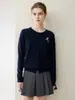 Cárdigan 100% cachemir puro para mujer, otoño e invierno, cuello redondo, pony bordado, abrigo suéter tejido, gris y azul oscuro, versátil, manga larga