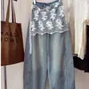 Jeans Wide-Leg Patchwork de Renda Estilo Coreano Novo Primavera/Verão Feminino Estilo Preguiçoso Versátil Calça Falsa de Duas Peças que Cobre o Bumbum