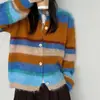 Ropa de Mujer Ropa de Mujer Coreana Dongdaemun Alta Calidad Otoño Nueva Llegada Bloques de Color Dopamina Rayas Cardigan de Punto Cepillado Dulce