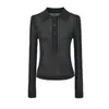 Blusa de tricô com gola polo e manga longa, com detalhes vazados estilo francês, anti-esticamento, nova coleção de outono, peça versátil, elástica e de caimento justo para mulheres