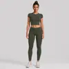 Conjunto de Roupa Esportiva Yoga Transfronteiriça de Manga Curta para Mulheres, Tecido Escovado Justo Camiseta Fitness, Conjunto de Tops Casuais para Corrida de Secagem Rápida