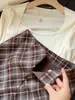 Saia lápis xadrez de lã retrô para mulheres, nova saia curta chic estilo coreano de cintura alta afunilada em A para baixinhas