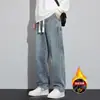 Jeans Gruesos con Forro de Felpa, Pierna Recta Holgada para Hombre, Estilo Americano, Primavera y Otoño, Cintura Elástica, Pantalones Casuales de Pierna Ancha para Invierno
