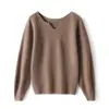 Camiseta Base de Punto de 100% Cachemira Pura con Cuello en V para Otoño e Invierno, Suéter Pulóver Holgado para Mujer, Color Sólido, Casual, Interior, Top Estilo Occidental