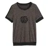 2026 Nuevo Estilo Suéter con Pedrería Talla Grande Casual Simple para Mamá Camiseta de Manga Corta Rayada con Cuello Redondo para Mujer Verano