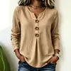 Top Branco Simples de Algodão e Linho com Mangas Longas para Mulheres, Estilo Europeu e Americano 2026, Modelagem Solta com Design de Botão Grande, Adequado para Trabalho e Uso Casual, Decote V