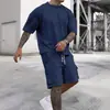 Moda Casual Esportiva de Verão Transfronteiriça Terno Masculino Manga Curta Shorts Confortável Secagem Rápida Cor Sólida Conjunto de Duas Peças