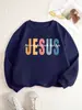 Jesus Letras Coloridas Estampa Criativa Moletom Feminino Macio Pulôver Versátil Y2K Roupas Largas Outono