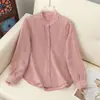 Novo top de outono estilo chinês para mães, com gola franzida, cor sólida, elegante camisa de manga longa para mulheres de meia-idade e idosas