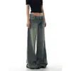 Jeans largo flare com vinco lavado retrô americano para mulheres, novas calças retas largas de cintura baixa emagrecedoras compridas até o chão