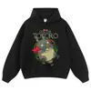 Sudadera con capucha lavada y desgastada estampada anime retro floral negra extragrande hombros caídos sudadera de pullover moderna