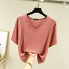 Camiseta texturizada de corte holgado, top de verano estilo coreano, blusa de modal, estilo corto de manga corta con nuevo cuello en V para mujer