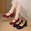 Zapatos Mary Jane para mujer talla 26, primavera y otoño, con una sola correa y tacón grueso, charol, rojo, tacones altos elegantes de corte bajo