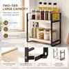 Prateleira de temperos de ferro forjado e madeira de camada dupla, organizador de garrafas de condimentos para bancada de cozinha, prateleira de armazenamento multicamadas para uso doméstico, atacado para vendas transfronteiriças