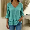 Novedad Otoño 2026 Amazon Transfronterizo Estilo Europeo y Americano para Mujer Top Casual de Color Sólido con Pliegues y Volantes de Cuello en V Mujer