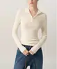 Ruiqiyaji Lana Merino Yangzi Sin Costuras Cuello Alto Cremallera Ajuste Ceñido Cuello en V Manga Larga Suéter Adelgazante Top de Lana