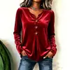 2026 Europeu e Americano transfronteiriço Amazon novo feminino elegante gola V botão manga longa veludo top camiseta
