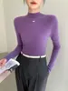 Blusa feminina de gola semi-alta, manga longa, malha sem costura, pulôver para primavera e outono, casual, versátil, básica, confortável e estilosa