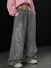 Pantalones de Chándal Anchos para Mujer con Letras de Pedrería, Estilo Retro Americano Desgastado, Pantalones Deportivos Casuales Convertibles con Puño, Pantalones de Cintura Alta de Longitud Completa