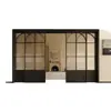 Puerta corredera de tres paneles negra retro estilo francés para cocina, sala de estar y balcón, puerta móvil de vidrio de aleación de aluminio