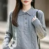 Suéter grueso de lana trenzada vintage de tres botones con cuello de solapa, corte holgado, 100% lana para mujer para otoño e invierno