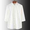 Camisa Masculina de Linho Cor Sólida Solta Plus Size com Gola para Verão de Meia-idade e Idosos Manga Sete Pontos Fina Respirável Manga Curta